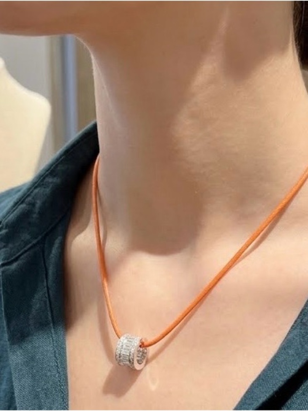 Adina Eden Pavé Rondelle Pendant on Orange Cord 17 To 19 Inches Length